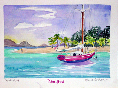 Palm Island with yacht, Pink Lady